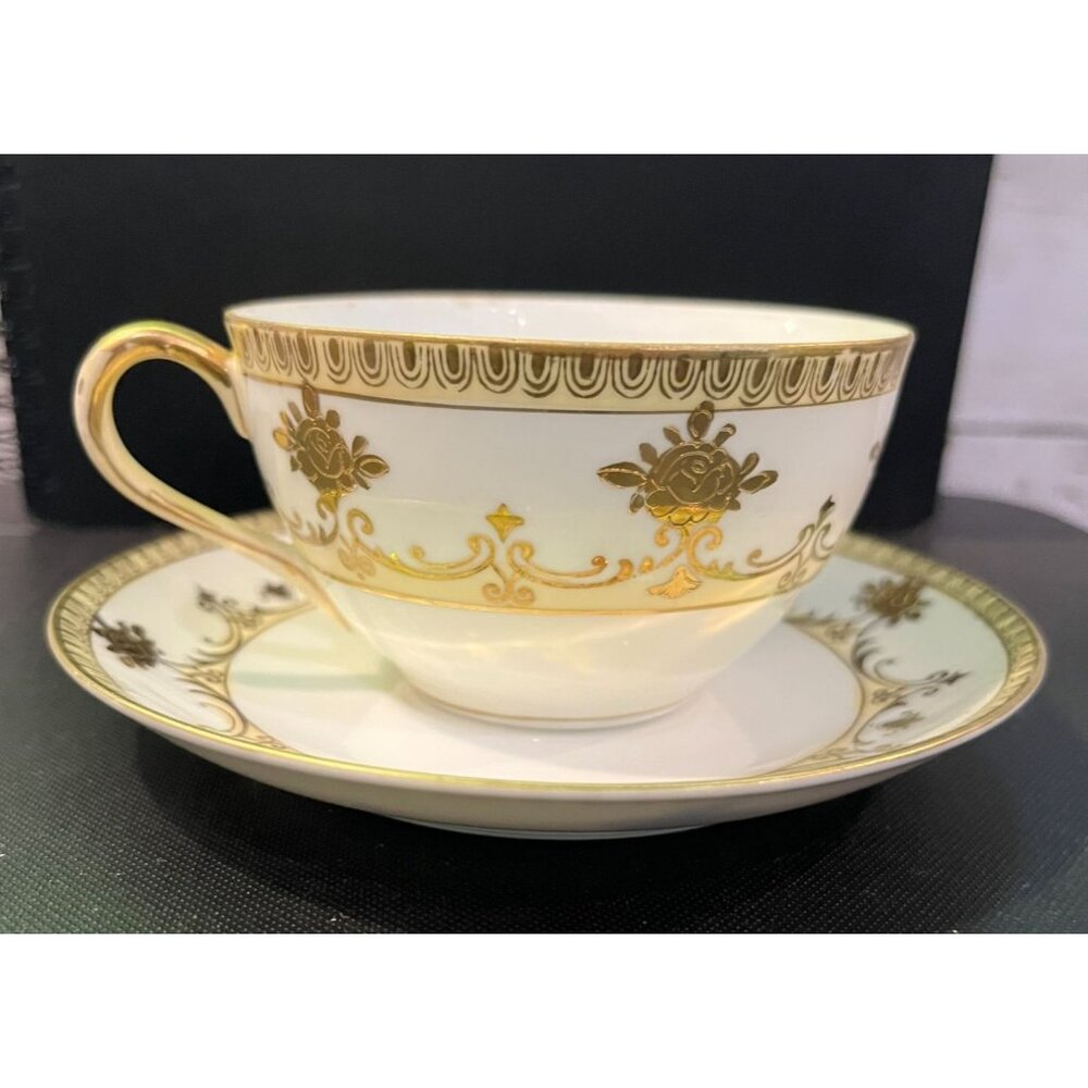 Antique Hand-Painted Nippon Tea Cup Saucer Set With Gold Floral Design Porcelain